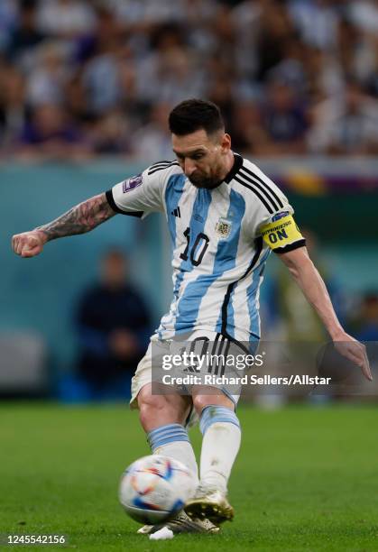 Lionel Messi of Argentina takes a free kick during the FIFA World Cup Qatar 2022 quarter final match between Netherlands and Argentina at Lusail...