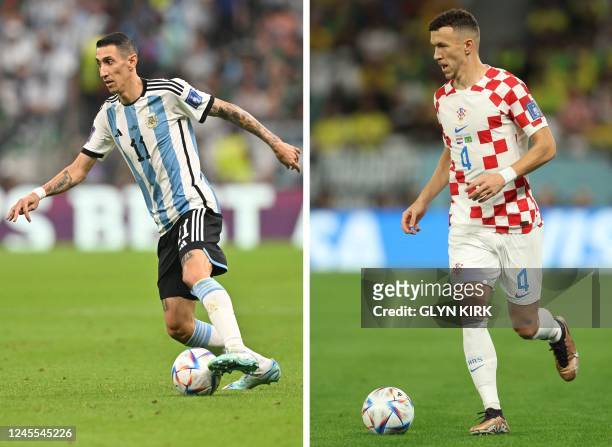 This combination photo created on December 11, 2022 during the Qatar 2022 World Cup football tournament shows Argentina's midfielder Angel Di Maria...