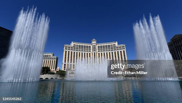 The Fountains of Bellagio launch for the first time since the resort closed on March 17 because of the coronavirus pandemic on June 4, 2020 in Las...