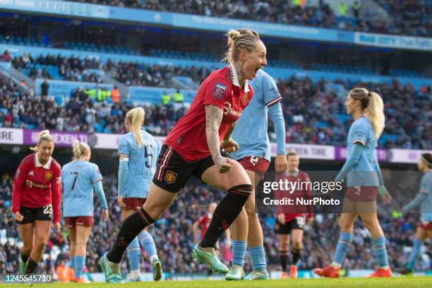 Goal 0-1 Leah Galton of Manchester United celebrates his goal during the Barclays FA Women's Super League match between Manchester City and...