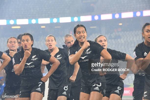 New Zealand Rugby 7s women team perform a Haka after winning the HSBC World Rugby Sevens Series 2023 at the DHL Stadium in Cape Town on December 11,...