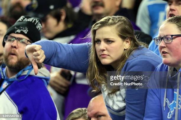 Fan reacts to a call by the referee during an NFL football game between the Detroit Lions and the Minnesota Vikings in Detroit, Michigan USA, on...