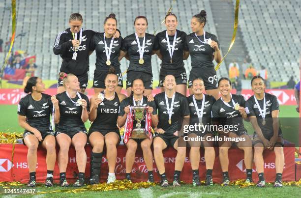 Winners, New Zealand Women's team celebrate after the Cup Final match between New Zealand and Samoa on day 3 of the HSBC Cape Town Sevens at DHL...