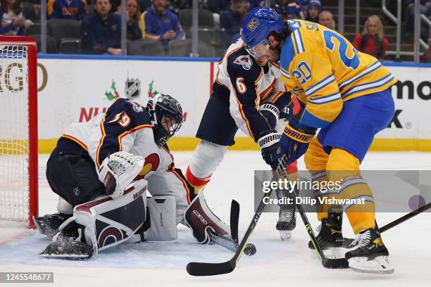 Pavel Francouz of the Colorado Avalanche makes a save against Brandon Saad of the St. Louis Blues in the third period of the game at Enterprise...