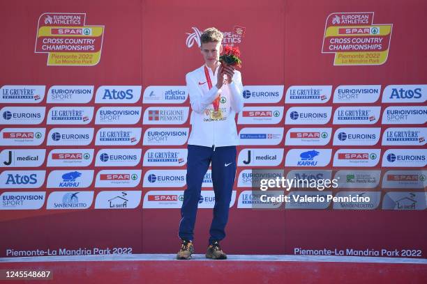 Will Barnicoat of Great Britain during medal ceremony of U20 Men race during the SPAR European Cross Country Championships 2022 in Piemonte-La...