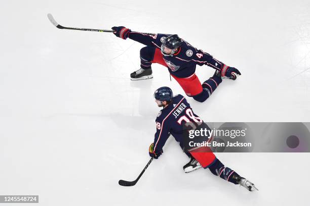 Vladislav Gavrikov and Boone Jenner of the Columbus Blue Jackets talk during warmups prior to a game against the Los Angeles Kings at Nationwide...