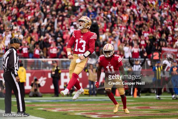 Brock Purdy of the San Francisco 49ers celebrates after rushing for a touchdown against the Tampa Bay Buccaneers during the first half at Levi's...