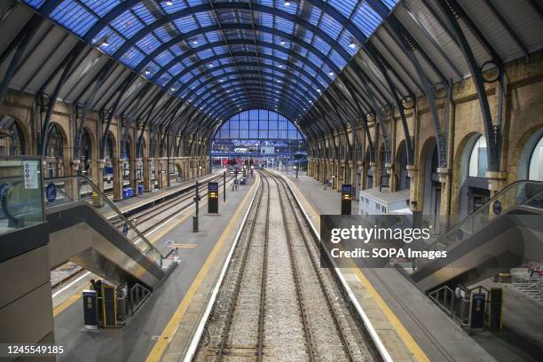 An empty Kings Cross station in central London seen during a rail strike. National Union of Rail, Maritime and Transport Workers have announced...