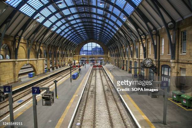 An empty Kings Cross station in central London seen during a rail strike. National Union of Rail, Maritime and Transport Workers have announced...