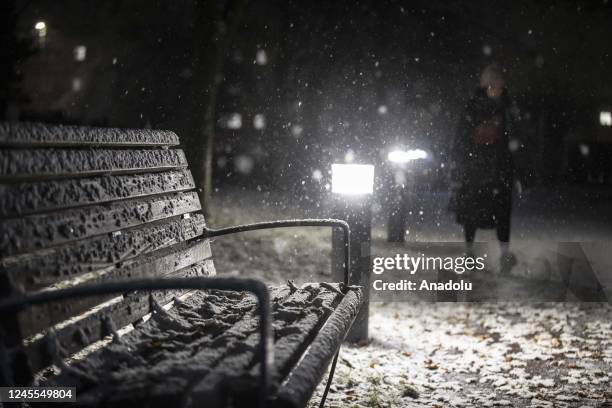 View of the snow covered bench during snowfall in London, United Kingdom on December 11, 2022. Officials announced that the most effective snowfall...