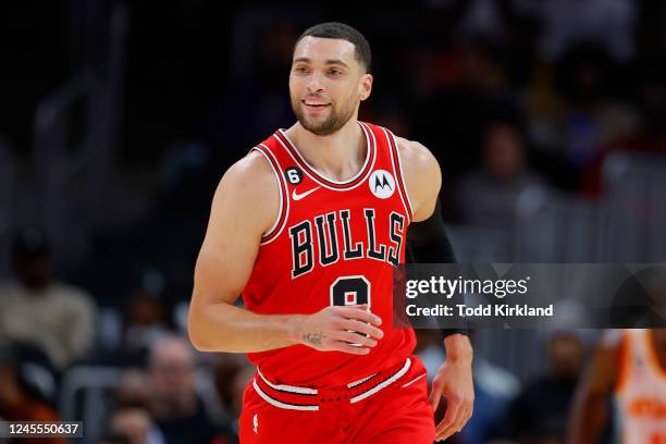 Zach LaVine of the Chicago Bulls reacts after scoring during the first half of the game against the Atlanta Hawks at State Farm Arena on December 11,...