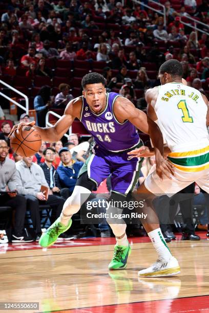 Giannis Antetokounmpo of the Milwaukee Bucks drives to the basket during the game against the Houston Rockets on December 11, 2022 at the Toyota...