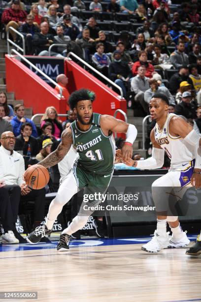 Saddiq Bey of the Detroit Pistons drives to the basket during the game against the Los Angeles Lakers on December 11, 2022 at Little Caesars Arena in...