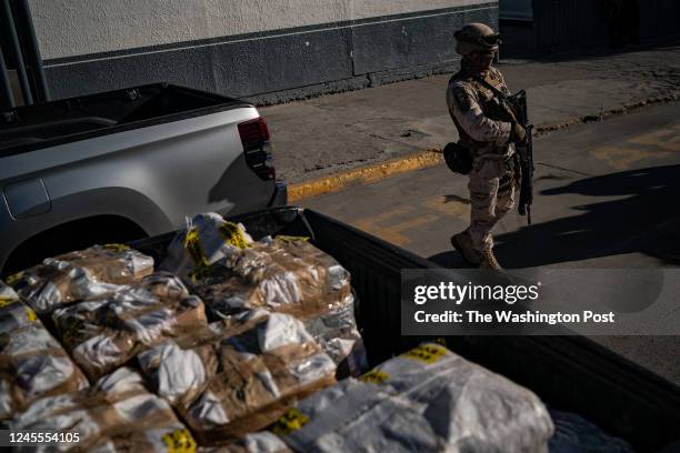 Hundreds of pounds of fentanyl and meth seized near Ensenada in October arrive for officials from Mexicos attorney generals office to be unloaded at...