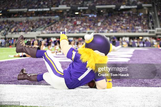 The mascot of the Minnesota Vikings in the endzone during an NFL football game between the Green Bay Packers and the Minnesota Vikings Sunday,...