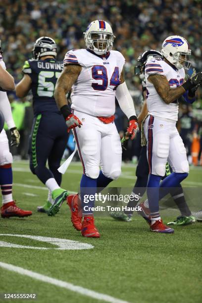 Buffalo Bills defensive tackle Jerel Worthy celebrates in action during an NFL game between the Seattle Seahawks and the Buffalo Bills, Monday,...