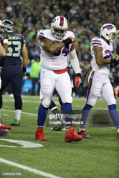 Buffalo Bills defensive tackle Jerel Worthy celebrates in action during an NFL game between the Seattle Seahawks and the Buffalo Bills, Monday,...