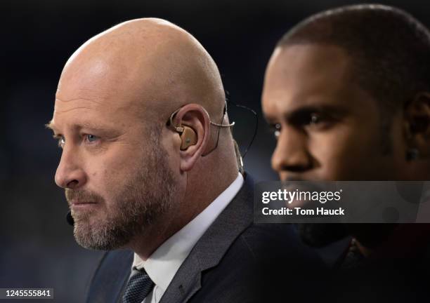 Broadcaster Trent Dilfer speaks on set during an NFL game between the Seattle Seahawks and the Buffalo Bills, Monday, November 7 in Seattle.