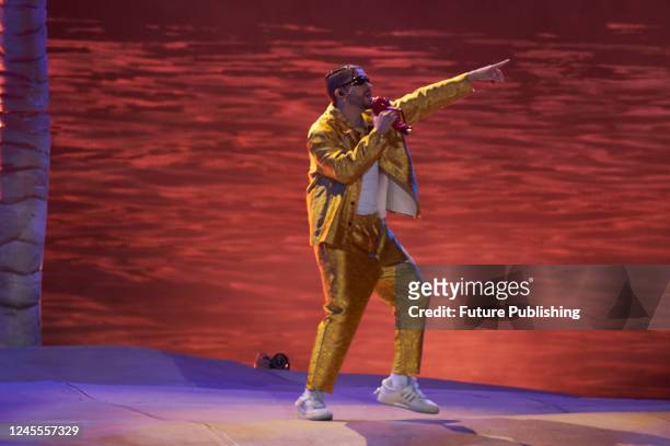Puerto Rican rapper Bad Bunny performs during his World's Hottest Tour at Estadio Azteca. On December 10, 2022 in Mexico City, Mexico.