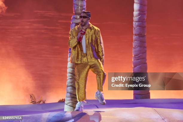 Puerto Rican rapper Bad Bunny performs during his World's Hottest Tour at Estadio Azteca. On December 10, 2022 in Mexico City, Mexico.