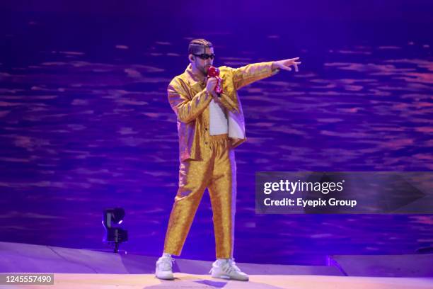 Puerto Rican rapper Bad Bunny performs during his World's Hottest Tour at Estadio Azteca. On December 10, 2022 in Mexico City, Mexico.