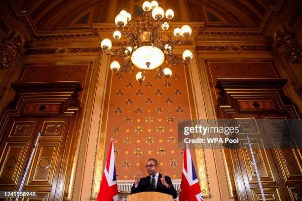 Foreign Secretary James Cleverly speaks to members of the press at the Foreign & Commonwealth Office on December 12, 2022 in London, England. The...