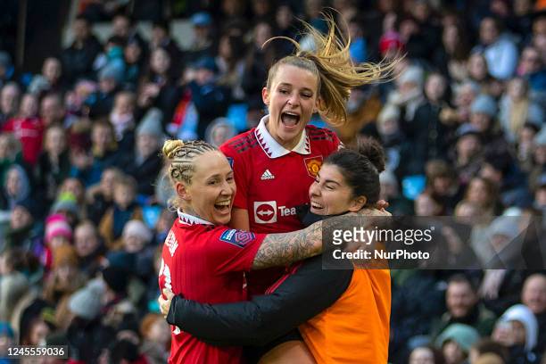 Leah Galton of Manchester United celebrates her goal with team-mates during the Barclays FA Women's Super League match between Manchester City and...
