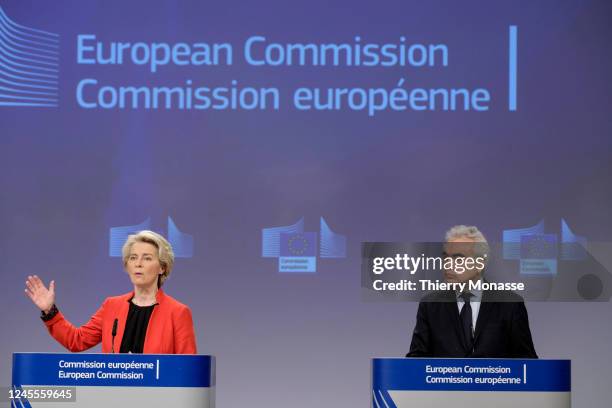 President of the European Commission Ursula von der Leyen and the Executive director of the International Energy Agency Fatih Birol talk to media in...