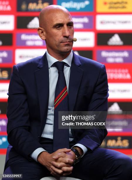 The President of the Spanish Football federation Luis Rubiales sits as he attends the official presentation to the press of Spain's national football...