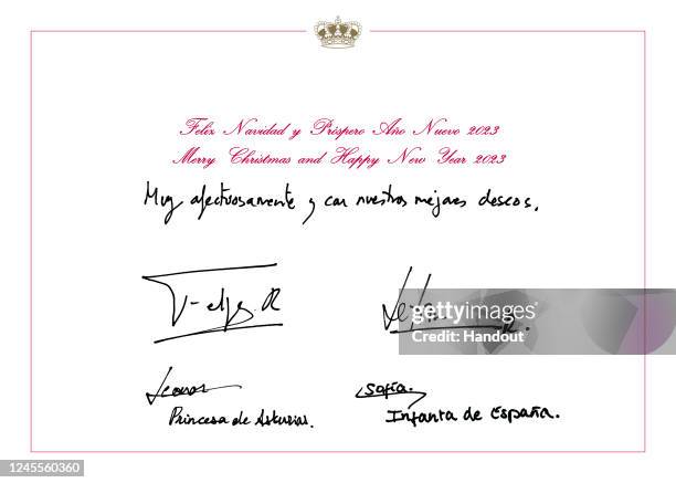 In this handout image provided by the Spanish Royal Household, the inside of the Royal Christmas Card featuring a message from Princess Sofia of...