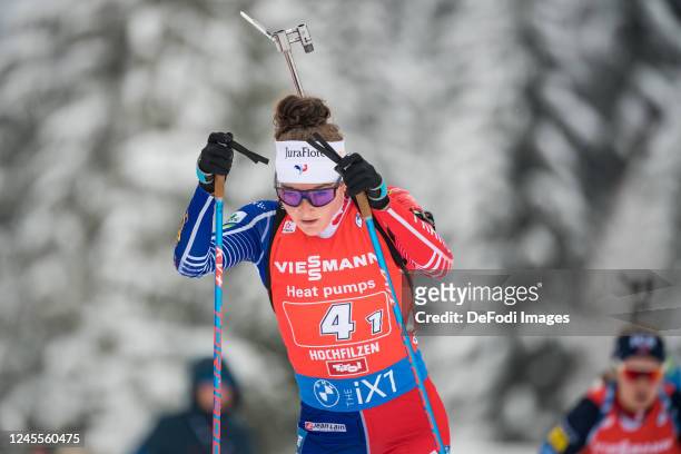 Lou Jeanmonnot of France in action competes during the Women 4x6 km Relay at the BMW IBU World Cup Biathlon Hochfilzen on December 11, 2022 in...