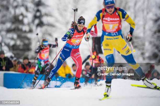 Chloe Chevalier of France in action competes during the Women 4x6 km Relay at the BMW IBU World Cup Biathlon Hochfilzen on December 11, 2022 in...
