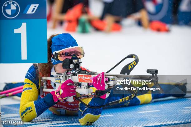 Hanna Oeberg of Sweden at the shooting range during the Women 4x6 km Relay at the BMW IBU World Cup Biathlon Hochfilzen on December 11, 2022 in...