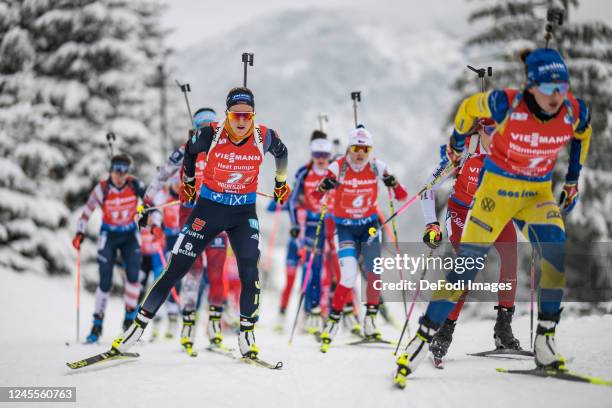 Anna Weidel of Germany in action competes during the Women 4x6 km Relay at the BMW IBU World Cup Biathlon Hochfilzen on December 11, 2022 in...