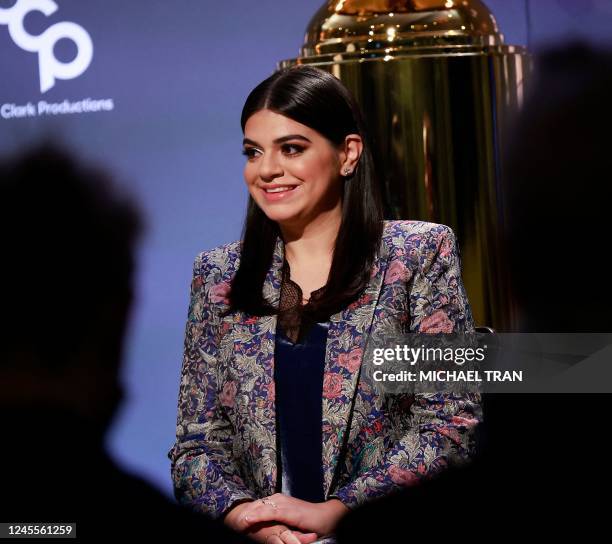 Actress Mayan Lopez speaks during the unveiling of the nominations for the 80th Golden Globe awards, in Berverly Hills, California, on December 12,...