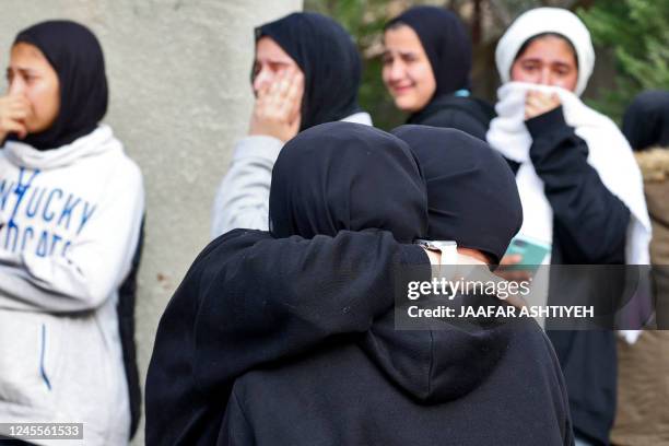 Palestinian mourners react during the funeral of 16-year-old Jana Zakarnaa, who was killed during an Israeli raid in the occupied West Bank, on...