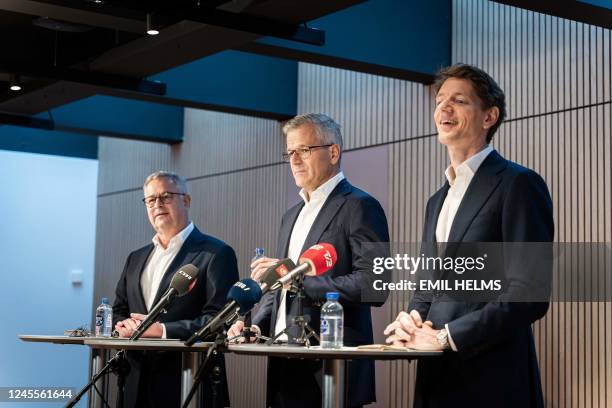 Outgoing CEO of shipping giant Maersk, Soeren Skou, designated CEO Vincent Clerc and chairman of the board Robert Maersk Uggla are pictured during...