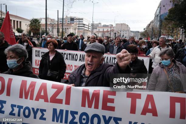 Protest of pensioners against pension cuts outside the Ministry of Finance in Athens, Greece on December 12, 2022.