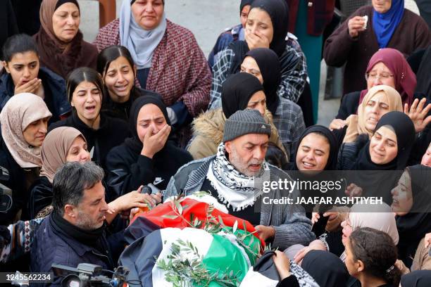 Palestinian mourners attend the funeral of 16-year-old Jana Zakarnaa, who was killed during an Israeli raid in the occupied West Bank, on December...