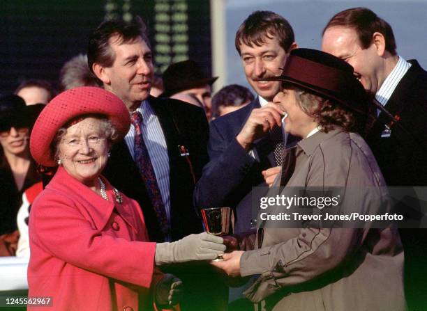 Her Majesty The Queen Mother presenting the trophy to trainer Jenny Pitman for winning the Gold Cup with Garrison Savannah at the Cheltenham...