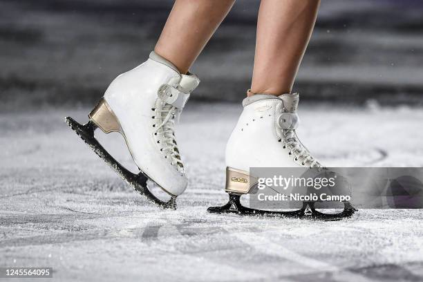 Detailed view of Deanna Stellato-Dudek's ice skates in the Gala Exhibition during day four of the ISU Grand Prix of Figure Skating Final.