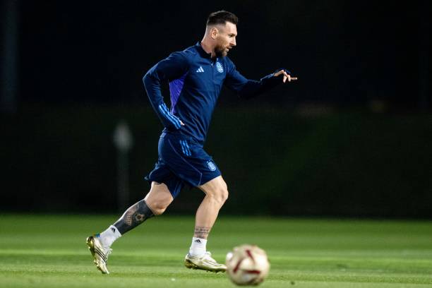 Lionel Messi of Argentina during the Argentina Training Session at on December 12, 2022 in Doha, Qatar.