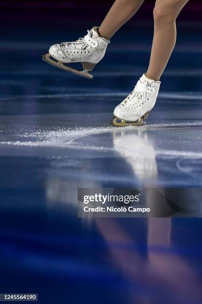 Detailed view of Anastasia Golubeva's ice skates in the Gala Exhibition during day four of the ISU Grand Prix of Figure Skating Final.