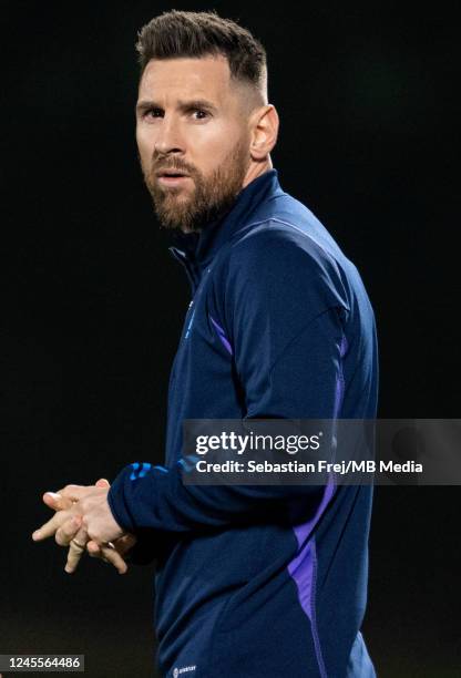 Lionel Messi of Argentina during the Argentina Training Session at on December 12, 2022 in Doha, Qatar.