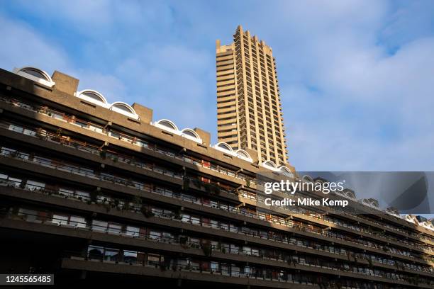Brutalist architectural exterior in the Barbican Estate in the City of London on 5th December 2022 in London, United Kingdom. The Barbican Centre is...