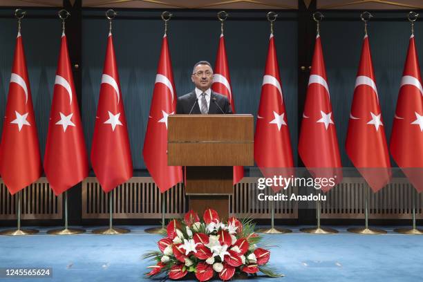 Turkish Vice President Fuat Oktay speaks during the AmChamPion Awards, via video conference in Ankara, Turkiye on December 12, 2022.