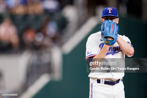 Kolby Allard of the Texas Rangers looks on during a game against the Kansas City Royals at Globe Life Field on May 11, 2022 in Arlington, Texas.