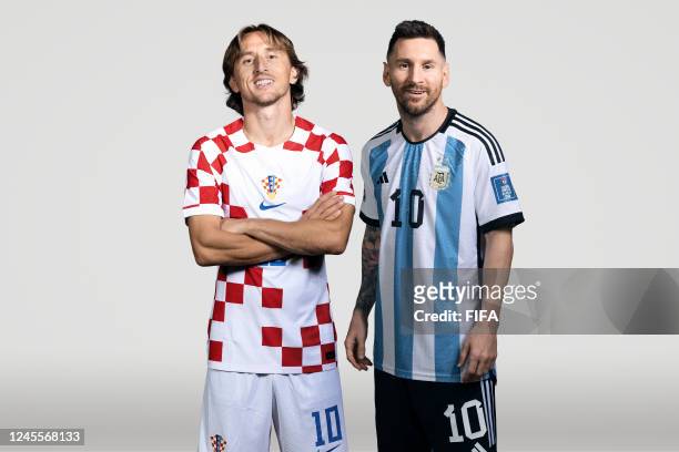 In this composite image, a comparison has been made between Luka Modric of Croatia and Lionel Messi of Argentina, who are posing during the official...