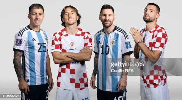 In this composite image, a comparison has been made between Lisandro Martinez of Argentina, Luka Modric of Croatia, Lionel Messi of Argentina and...