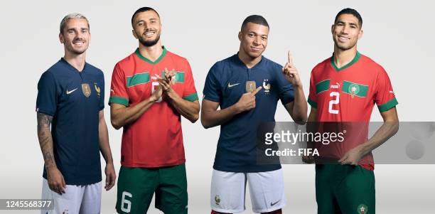 In this composite image, a comparison has been made between Antoine Greizmann of France, Romaine Saiss of Morocco, Kylian Mbappe of France and Achraf...